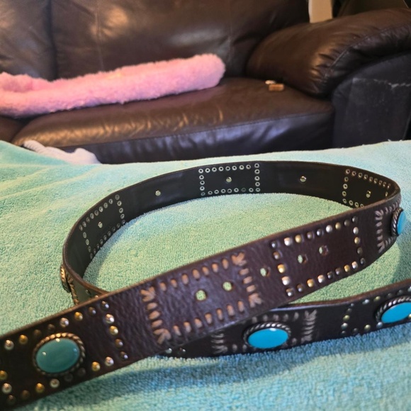 Johnny Was Turquoise/Leather Concho Belt Made in Italy M/L with 3 conches to put - Picture 5 of 13